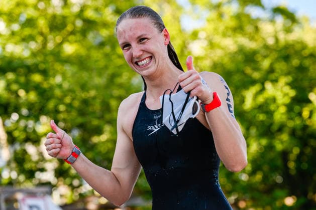 Isabel Gose of Germany celebrates after winning the gold medal in the Open Water Women s 3km Knockout Sprint Final during the European Aquatics Championships at the Olympic Aquatic Center in Paris (France), August 7, 2026. Andrea Masini Deepbluemedia Insidefoto