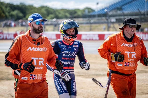 RECORD DATE NOT STATED 7th August 2026; Silverstone Circuit, Northamptonshire, England; 2026 MotoGP Grand Prix of Great Britain, Free Practice Day; Alberto Ferrandez of the BLU CRU Pramac Yamaha Moto2 Team is escorted off the track by marshalls GodfreyxPitt