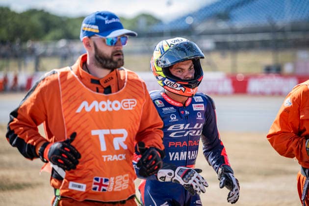 RECORD DATE NOT STATED 7th August 2026; Silverstone Circuit, Northamptonshire, England; 2026 MotoGP Grand Prix of Great Britain, Free Practice Day; Alberto Ferrandez of the BLU CRU Pramac Yamaha Moto2 Team is escorted off the track by marshalls GodfreyxPitt