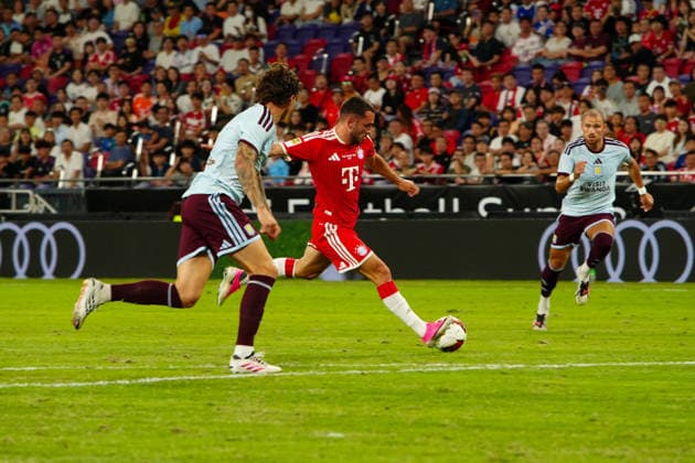 HONG KONG-SPORTS BAYERN-ASTON-VILLA A general view shows match action during the first half of the exhibition football match between Bayern Munich and Aston Villa at the Kai Tak Stadium on August 7, 2026 in Hong Kong. Bayern Munich led 1-0 at the end of the first half thanks to a 37th-minute goal by Kim Min-jae. (Photo by Zulu Lo TMHK via Nexpher Images) Hong Kong