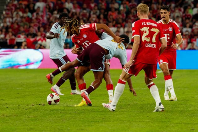 HONG KONG-SPORTS BAYERN-ASTON-VILLA A general view shows match action during the first half of the exhibition football match between Bayern Munich and Aston Villa at the Kai Tak Stadium on August 7, 2026 in Hong Kong. Bayern Munich led 1-0 at the end of the first half thanks to a 37th-minute goal by Kim Min-jae. (Photo by Zulu Lo TMHK via Nexpher Images) Hong Kong