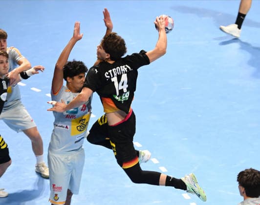 U18 GERMANY vs SPAIN LENN STROBEL, young handball player of U18 Germany, during the semi final match of European Championship, EM, Europameisterschaft against Spain, at Aleksandar Nikolic Hall. Belgrade, 07.08.2026. photo: Nebojsa Parausic MN Press HANDBALL, MEN™S U18 EHF EURO 2026, GERMANY, SPAIN Belgrade Hall Aleksandar Nikolic Serbia Copyright: xNebojsaxParausicx xMNxPressx