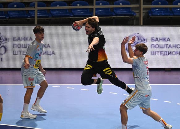 U18 GERMANY vs SPAIN LENN STROBEL, young handball player of U18 Germany, during the semi final match of European Championship, EM, Europameisterschaft against Spain, at Aleksandar Nikolic Hall. Belgrade, 07.08.2026. photo: Nebojsa Parausic MN Press HANDBALL, MEN™S U18 EHF EURO 2026, GERMANY, SPAIN Belgrade Hall Aleksandar Nikolic Serbia Copyright: xNebojsaxParausicx xMNxPressx