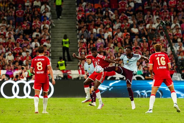 HONG KONG-SPORTS BAYERN-ASTON-VILLA Players of Bayern Munich celebrate after scoring a goal against Aston Villa during their exhibition football match at the Kai Tak Stadium on August 7, 2026 in Hong Kong. Bayern Munich secured a 2-1 victory over Aston Villa in the pre-season friendly. (Photo by Zulu Lo TMHK via Nexpher Images) Hong Kong