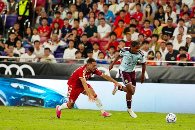 HONG KONG-SPORTS BAYERN-ASTON-VILLA Players of Bayern Munich celebrate after scoring a goal against Aston Villa during their exhibition football match at the Kai Tak Stadium on August 7, 2026 in Hong Kong. Bayern Munich secured a 2-1 victory over Aston Villa in the pre-season friendly. (Photo by Zulu Lo TMHK via Nexpher Images) Hong Kong