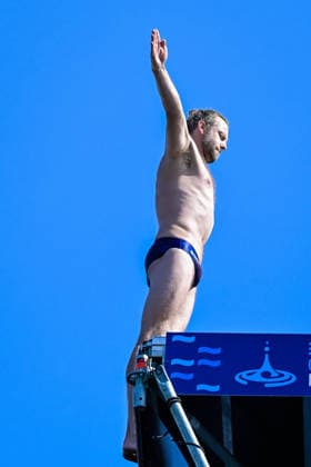 Sebas Van Baarsen of Netherlands celebrates after the High Diving Men s 20m Final during the European Aquatics Championships at the Olympic Aquatic Center in Paris (France), August 7, 2026. Giorgio Scala DBM - Deepbluemedia Insidefoto