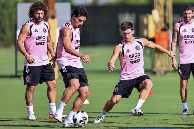 FORT LAUDERDALE, FL - AUGUST 07: Facundo Mura 4, Maximiliano Falcon 37,and Gonzalo Lujan 2 of Inter Miami CF are seen during an Inter Miami Training Session at Florida Blue Training Center on August 07, 2026 in Fort Lauderdale, Florida. (Photo by Chris Arjoon Icon Sportswire) SOCCER: AUG 07 Inter Miami CF Training EDITORIAL USE ONLY Icon26080700000040
