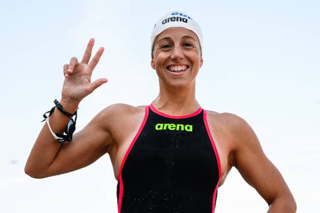 Ginevra Taddeucci of Italy celebrates after the Open Water Women s 3km Knockout Sprint Final during the European Aquatics Championships at the Olympic Aquatic Center in Paris (France), August 7, 2026. Andrea Staccioli