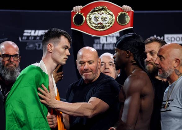 Zuffa Boxing 10 Aaron McKenna vs Etinosa Oliha Weigh-In, 3Arena, Dublin 7 8 2026 Aaron McKenna, UFC CEO and President Dana White and Etinosa Oliha Aaron McKenna, Dana White and Etinosa Oliha 7 8 2026  Copyright: xx BB3_7940