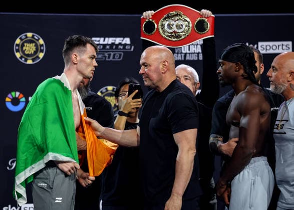 Zuffa Boxing 10 Aaron McKenna vs Etinosa Oliha Weigh-In, 3Arena, Dublin 7 8 2026 Aaron McKenna, UFC CEO and President Dana White and Etinosa Oliha Aaron McKenna, Dana White and Etinosa Oliha 7 8 2026  Copyright: xx BB3_7951