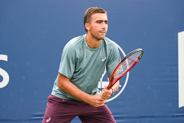 MONTREAL, QC - AUGUST 07: Daniel Merida (ESP) waits for service during a third round match at National Bank Open on August 07, 2026 at IGA Stadium in Montreal, QC (Photo by David Kirouac Icon Sportswire) TENNIS: AUG 07 National Bank Open EDITORIAL USE ONLY Icon26080700126