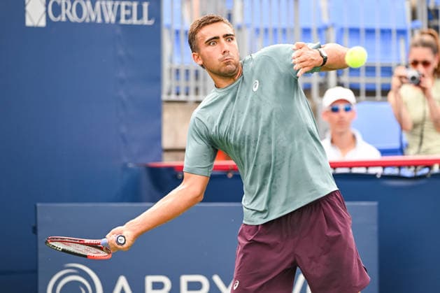 MONTREAL, QC - AUGUST 07: Daniel Merida (ESP) returns the ball during a third round match at National Bank Open on August 07, 2026 at IGA Stadium in Montreal, QC (Photo by David Kirouac Icon Sportswire) TENNIS: AUG 07 National Bank Open EDITORIAL USE ONLY Icon26080700426