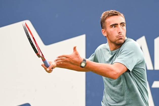 MONTREAL, QC - AUGUST 07: Daniel Merida (ESP) returns the ball during a third round match at National Bank Open on August 07, 2026 at IGA Stadium in Montreal, QC (Photo by David Kirouac Icon Sportswire) TENNIS: AUG 07 National Bank Open EDITORIAL USE ONLY Icon26080700526