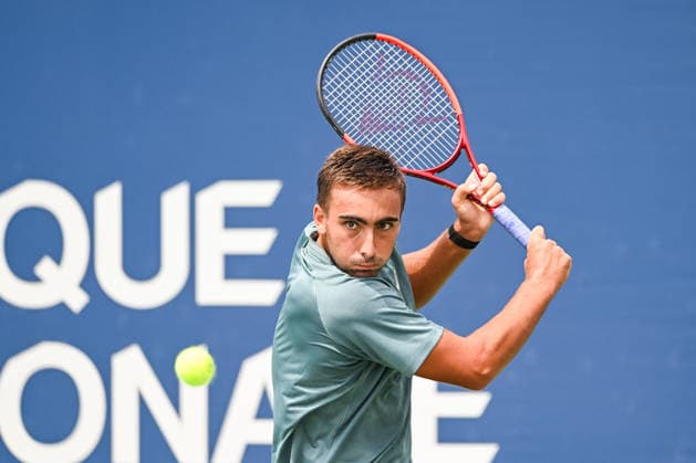 MONTREAL, QC - AUGUST 07: Daniel Merida (ESP) returns the ball during a third round match at National Bank Open on August 07, 2026 at IGA Stadium in Montreal, QC (Photo by David Kirouac Icon Sportswire) TENNIS: AUG 07 National Bank Open EDITORIAL USE ONLY Icon26080701026