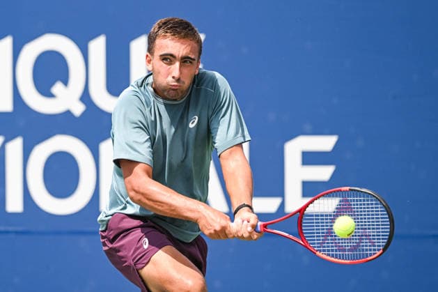 MONTREAL, QC - AUGUST 07: Daniel Merida (ESP) returns the ball during a third round match at National Bank Open on August 07, 2026 at IGA Stadium in Montreal, QC (Photo by David Kirouac Icon Sportswire) TENNIS: AUG 07 National Bank Open EDITORIAL USE ONLY Icon26080701326