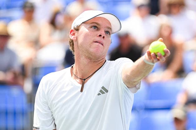 MONTREAL, QC - AUGUST 07: Alex Michelsen (USA) serves the ball during a third round match at National Bank Open on August 07, 2026 at IGA Stadium in Montreal, QC (Photo by David Kirouac Icon Sportswire) TENNIS: AUG 07 National Bank Open EDITORIAL USE ONLY Icon26080701626