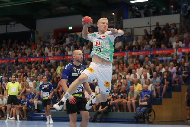 07.08.2026, xtgx, Handball Turnier, EHV Aue - SC Magdeburg emspor, v.l. Magnus Saugstrup (Magdeburg, 23) wirft Tor, Torschuetze, erzielt Tor, Treffer, scores the goal Lößnitz *** August 7, 2026, xtgx, Handball Tournament, EHV Aue vs. SC Magdeburg emspor, from left: Magnus Saugstrup (Magdeburg), 23 shots on goal, goal scorer, scores a goal, Lößnitz