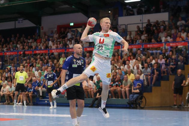 07.08.2026, xtgx, Handball Turnier, EHV Aue - SC Magdeburg emspor, v.l. Magnus Saugstrup (Magdeburg, 23) wirft Tor, Torschuetze, erzielt Tor, Treffer, scores the goal Lößnitz *** August 7, 2026, xtgx, Handball Tournament, EHV Aue vs. SC Magdeburg emspor, from left: Magnus Saugstrup (Magdeburg), 23 shots on goal, goal scorer, scores a goal, Lößnitz