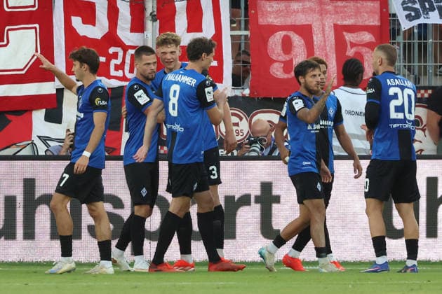 07.08.2026, xrekx, Fussball 3.Liga, SV Waldhof Mannheim - Fortuna Düsseldorf v.l. Torjubel nach dem Tor zum celebrating the goal celebrate 2:0 durch Julian Ulbricht (SV Waldhof Mannheim) (DFL DFB REGULATIONS PROHIBIT ANY USE OF PHOTOGRAPHS as IMAGE SEQUENCES and or QUASI-VIDEO) Mannheim *** August 7, 2026, xrekx, Soccer 3rd Division, SV Waldhof Mannheim vs. Fortuna Düsseldorf – Goal celebration after Julian Ulbricht’s goal to make it 2–0 for SV Waldhof Mannheim. DFL and DFB regulations prohibit any use of photographs as image sequences and or quasi-video. Mannheim