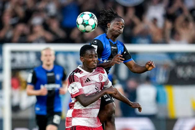 v.li.: Kaden Amaniampong (F95, 39), Nolan Xavier Muteba N Tumba (NTumba, SV Waldhof, 29), beim Kopfball, Kopfballduell, Spielszene, Zweikampf in der Luft, Aktion, Action, 07.08.2026, Mannheim (Deutschland), Fussball, 3. Liga, SV Waldhof Mannheim - Fortuna Düsseldorf, DFB DFL REGULATIONS PROHIBIT ANY USE OF PHOTOGRAPHS AS IMAGE SEQUENCES AND OR QUASI-VIDEO. *** From left: Kaden Amaniampong F95, 39, Nolan Xavier Muteba N Tumba NTumba, SV Waldhof, 29, during a header, header duel, game scene, aerial duel, action, August 7, 2026, Mannheim, Germany, soccer, 3. Liga, SV Waldhof Mannheim vs. Fortuna Düsseldorf, DFB and DFL regulations prohibit any use of photographs as image sequences and or quasi-video xozx