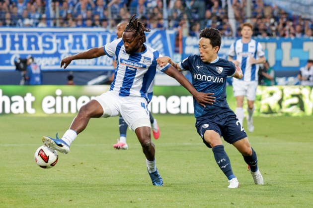 07.08.2026, xgrfx, Fussball 2.Bundesliga, VfL Bochum - Hertha BSC Berlin v.l. Deovaisio Zeefuik (Hertha BSC), Koji Miyoshi (VfL Bochum) (DFL DFB REGULATIONS PROHIBIT ANY USE OF PHOTOGRAPHS as IMAGE SEQUENCES and or QUASI-VIDEO) Bochum *** August 7, 2026, xgrfx, Soccer 2. Bundesliga, VfL Bochum vs. Hertha BSC Berlin, featuring Deovaisio Zeefuik (Hertha BSC) and Koji Miyoshi (VfL Bochum). DFL and DFB regulations prohibit any use of photographs as image sequences and or quasi-video. Bochum