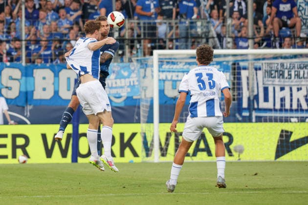 07.08.2026, xgrfx, Fussball 2.Bundesliga, VfL Bochum - Hertha BSC Berlin v.l. Sebastian Andersen (Hertha BSC), Michael Steinwender (VfL Bochum) (DFL DFB REGULATIONS PROHIBIT ANY USE OF PHOTOGRAPHS as IMAGE SEQUENCES and or QUASI-VIDEO) Bochum *** August 7, 2026, xgrfx, Soccer 2. Bundesliga, VfL Bochum vs. Hertha BSC Berlin, Sebastian Andersen (Hertha BSC), Michael Steinwender (VfL Bochum). DFL and DFB regulations prohibit any use of photographs as image sequences and or quasi-video. Bochum