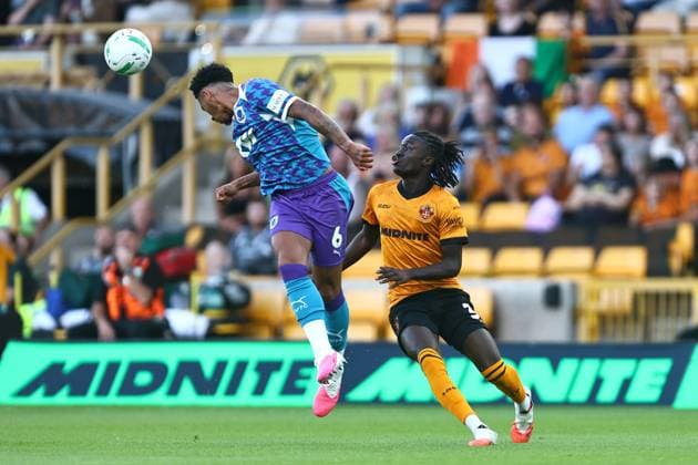 Jordan Gabriel of Port Vale and Mateus Mane of Wolves Wolverhampton Wanderers v Port Vale, EFL Carabao Cup, First Round, Football, Molineux, Wolverhampton, UK - 07 Aug 2026Wolverhampton Molineux United Kingdom EDITORIAL USE ONLY No use with unauthorised audio, video, data, fixture lists, club league logos or live services. Online in-match use limited to 120 images, no video emulation. No use in betting, games or single club league player publications.  Copyright: xPhilxOldham Shutterstockx 17050839ad