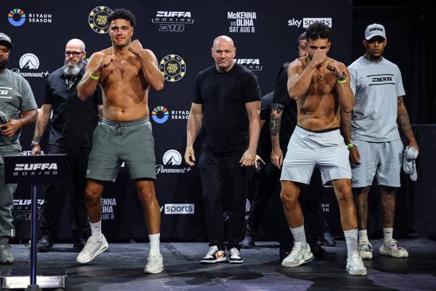 Zuffa Boxing 10 Aaron McKenna vs Etinosa Oliha Weigh-In, 3Arena, Dublin 7 8 2026 Patrick O Connor, UFC CEO and President Dana White and Juan Manuel Moriel Patrick O Connor, Dana White and Juan Manuel Moriel 7 8 2026  Copyright: xx BB3_6415