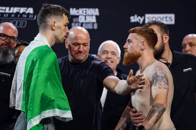 Zuffa Boxing 10 Aaron McKenna vs Etinosa Oliha Weigh-In, 3Arena, Dublin 7 8 2026 Stevie McKenna, UFC CEO and President Dana White and Owen O Neill Stevie McKenna, Dana White and Owen O Neill 7 8 2026  Copyright: xx BB3_6835