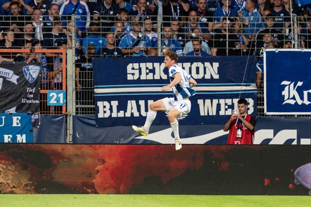 07.08.2026, GER Deutschland, Fussball, Saison 2026 2027, 2. Bundesliga, 1. Spieltag: VfL Bochum vs Hertha BSC Berlin Torjubel Jubel ueber das Tor zum 0:1 durch Sebastian Gronning (Hertha BSC Berlin, 17) Bochum Vonovia Ruhrstadion Nordrhein Westfalen Deutschland *** August 7, 2026, GER Germany, Soccer, 2026–2027 Season, 2. Bundesliga, Matchday 1: VfL Bochum vs. Hertha BSC Berlin; Goal celebration: Cheers for the 0–1 goal scored by Sebastian Gronning of Hertha BSC Berlin, 17 Bochum, Vonovia Ruhrstadion, North Rhine-Westphalia, Germany Copyright: xnordphotoxGmbHx xSchulzex