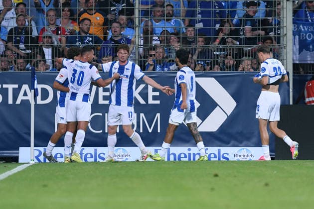 Fußball 2. Bundesliga 1. Spieltag VfL Bochum - Hertha BSC Berlin am 07.08.2026 im Vonovia Ruhrstadion in Bochum Torjubel zum 0:1 durch Sebastaian Grönning Andersen ( Berlin ) DFL regulations prohibit any use of photographs as image sequences and or quasi-video. *** Soccer, 2. Bundesliga, Matchday 1: VfL Bochum vs. Hertha BSC Berlin on August 7, 2026, at the Vonovia Ruhrstadion in Bochum. Celebration of the 0–1 goal scored by Sebastian Grönning Andersen (Berlin). DFL regulations prohibit any use of photographs as image sequences and or quasi-video. xRx