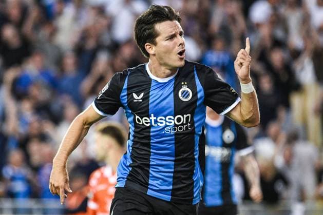 Club s Hugo Vetlesen celebrates after scoring during a soccer match between Club Brugge KV and KV Kortrijk, Friday 7 August 2026 in Brugge, on day 1 of the 2026-2027 Jupiler Pro League first division of the Belgian championship. TOM GOYVAERTS TomxGoyvaerts  x182913553x