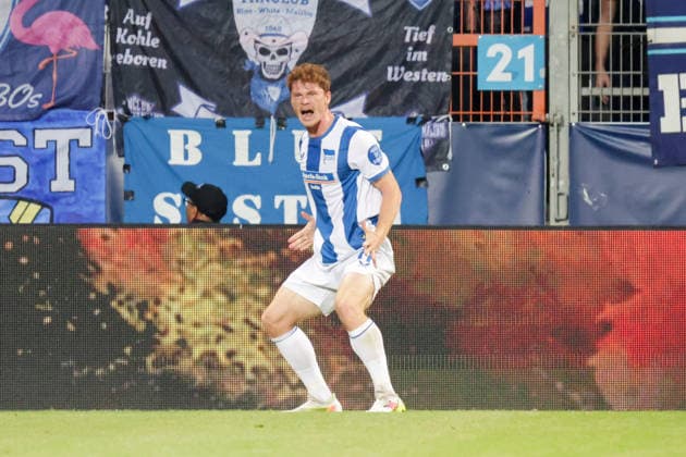 07.08.2026, xgrfx, Fussball 2.Bundesliga, VfL Bochum - Hertha BSC Berlin v.l. Tor, Sebastian Andersen zum 0:1 (Hertha BSC) (DFL DFB REGULATIONS PROHIBIT ANY USE OF PHOTOGRAPHS as IMAGE SEQUENCES and or QUASI-VIDEO) Bochum *** August 7, 2026, xgrfx, Soccer 2. Bundesliga, VfL Bochum vs. Hertha BSC Berlin, goal by Sebastian Andersen, 0–1. Hertha BSC. DFL and DFB regulations prohibit any use of photographs as image sequences and or quasi-video. Bochum