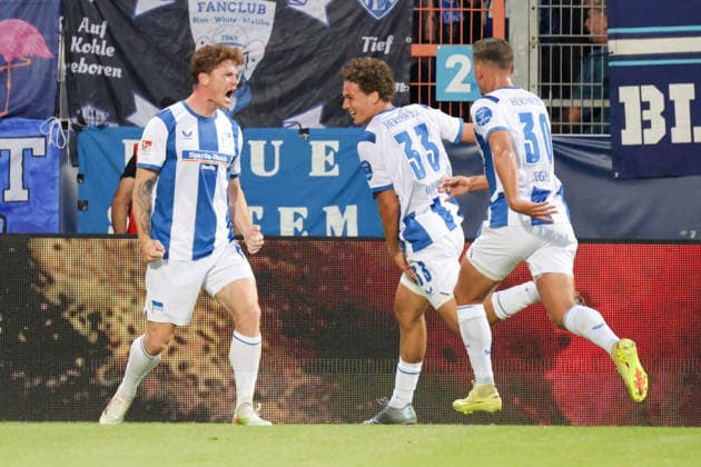 07.08.2026, xgrfx, Fussball 2.Bundesliga, VfL Bochum - Hertha BSC Berlin v.l. Tor, Sebastian Andersen zum 0:1 (Hertha BSC) (DFL DFB REGULATIONS PROHIBIT ANY USE OF PHOTOGRAPHS as IMAGE SEQUENCES and or QUASI-VIDEO) Bochum *** August 7, 2026, xgrfx, Soccer 2. Bundesliga, VfL Bochum vs. Hertha BSC Berlin, goal by Sebastian Andersen, 0–1. Hertha BSC. DFL and DFB regulations prohibit any use of photographs as image sequences and or quasi-video. Bochum