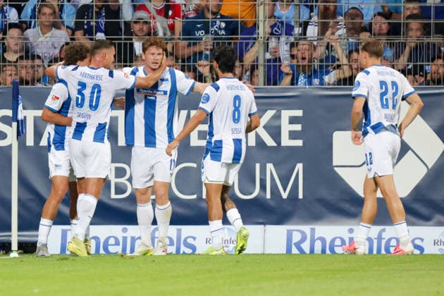 07.08.2026, xgrfx, Fussball 2.Bundesliga, VfL Bochum - Hertha BSC Berlin v.l. Tor, Sebastian Andersen zum 0:1 (Hertha BSC) (DFL DFB REGULATIONS PROHIBIT ANY USE OF PHOTOGRAPHS as IMAGE SEQUENCES and or QUASI-VIDEO) Bochum *** August 7, 2026, xgrfx, Soccer 2. Bundesliga, VfL Bochum vs. Hertha BSC Berlin, goal by Sebastian Andersen, 0–1. Hertha BSC. DFL and DFB regulations prohibit any use of photographs as image sequences and or quasi-video. Bochum