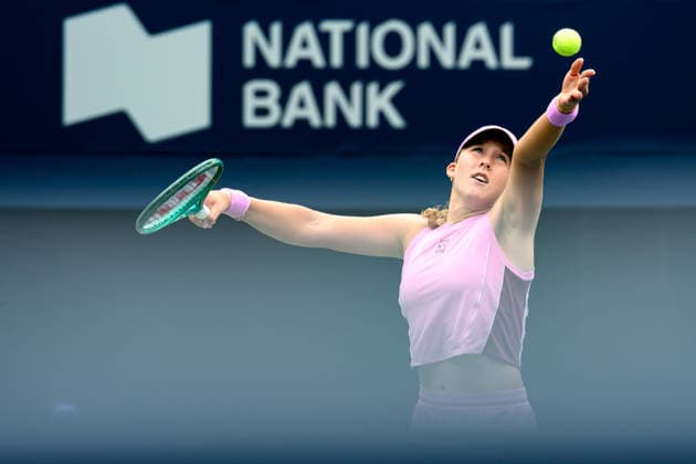 August 7, 2026, Toronto, Ontario, Canada: MIRRA ANDREEVA serves the ball during her third-round match against Leylah Fernandez of Canada at the National Bank Open, part of the Hologic WTA, Tennis Damen Tour, at Sobeys Stadium. Fernandez defeated Andreeva 6-1, 6-4 to advance to the fourth round. Toronto Canada - ZUMAr228 20260807_znp_r228_026 Copyright: xVasiliyxRyabykhx