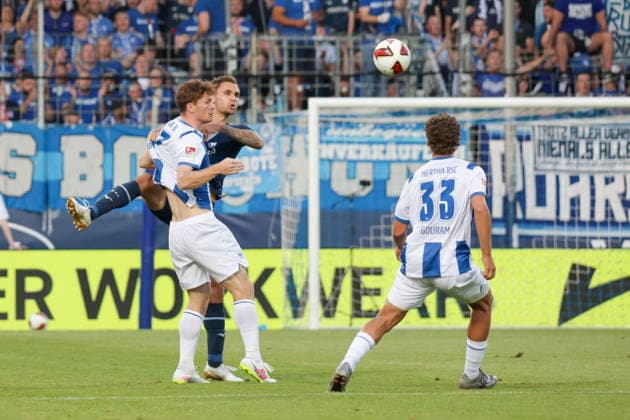 07.08.2026, xgrfx, Fussball 2.Bundesliga, VfL Bochum - Hertha BSC Berlin v.l. Sebastian Andersen (Hertha BSC), Michael Steinwender (VfL Bochum) (DFL DFB REGULATIONS PROHIBIT ANY USE OF PHOTOGRAPHS as IMAGE SEQUENCES and or QUASI-VIDEO) Bochum *** August 7, 2026, xgrfx, Soccer 2. Bundesliga, VfL Bochum vs. Hertha BSC Berlin, Sebastian Andersen (Hertha BSC), Michael Steinwender (VfL Bochum). DFL and DFB regulations prohibit any use of photographs as image sequences and or quasi-video. Bochum