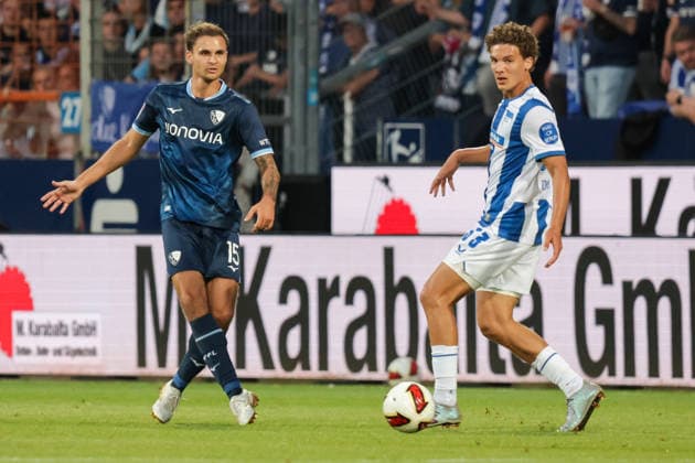 07.08.2026, xgrfx, Fussball 2.Bundesliga, VfL Bochum - Hertha BSC Berlin v.l. Michael Steinwender (VfL Bochum), Soufian Gouram (Hertha BSC) (DFL DFB REGULATIONS PROHIBIT ANY USE OF PHOTOGRAPHS as IMAGE SEQUENCES and or QUASI-VIDEO) Bochum *** August 7, 2026, xgrfx, Soccer 2. Bundesliga, VfL Bochum vs. Hertha BSC Berlin, photo by Michael Steinwender, VfL Bochum; Soufian Gouram, Hertha BSC. DFL and DFB regulations prohibit any use of photographs as image sequences and or quasi-video. Bochum