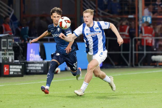 07.08.2026, xgrfx, Fussball 2.Bundesliga, VfL Bochum - Hertha BSC Berlin v.l. Alessandro Crimaldi (VfL Bochum), Julian Eitschberger (Hertha BSC) (DFL DFB REGULATIONS PROHIBIT ANY USE OF PHOTOGRAPHS as IMAGE SEQUENCES and or QUASI-VIDEO) Bochum *** August 7, 2026, xgrfx, Soccer 2. Bundesliga, VfL Bochum vs. Hertha BSC Berlin, Alessandro Crimaldi (VfL Bochum), Julian Eitschberger (Hertha BSC). DFL and DFB regulations prohibit any use of photographs as image sequences and or quasi-video. Bochum