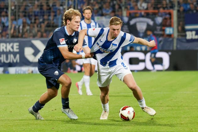 07.08.2026, xgrfx, Fussball 2.Bundesliga, VfL Bochum - Hertha BSC Berlin v.l. Mats Pannewig (VfL Bochum), Julian Eitschberger (Hertha BSC) (DFL DFB REGULATIONS PROHIBIT ANY USE OF PHOTOGRAPHS as IMAGE SEQUENCES and or QUASI-VIDEO) Bochum *** August 7, 2026, xgrfx, Soccer 2. Bundesliga, VfL Bochum vs. Hertha BSC Berlin, photo by Mats Pannewig (VfL Bochum), Julian Eitschberger (Hertha BSC). DFL and DFB regulations prohibit any use of photographs as image sequences and or quasi-video. Bochum