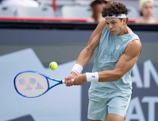 August 7, 2026, Montreal, Pq, Canada: Ben Shelton of the United States hits a return to Zizou Bergs of Belgium during third round tennis action at the National Bank Open in Montreal on Friday, Aug. 7, 2026. Canada News - August 7, 2026  - ZUMAc35_ 20260807_zaf_c35_043 Copyright: xChristinnexMuschix
