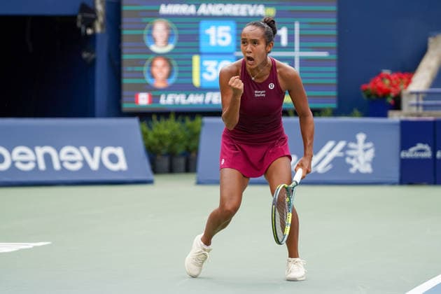 WTA, Tennis Damen Masters 1000 National Bank Open Toronto 2026 - Round of 32 - Day 7 Leylah Fernandez of Canada celebrates after a point during the Women™s Singles round of 32 match against Mirra AndrÃ yeva of Russia on day 7 of the WTA Masters 1000 National Bank Open at Sobeys Stadium on August 7, 2026, in Toronto, Canada. (Photo by Leonardo Ramirez Eyepix Group) Copyright: xLeonardoxRamirezx xEyepixxGroupx LR_06082026_09047