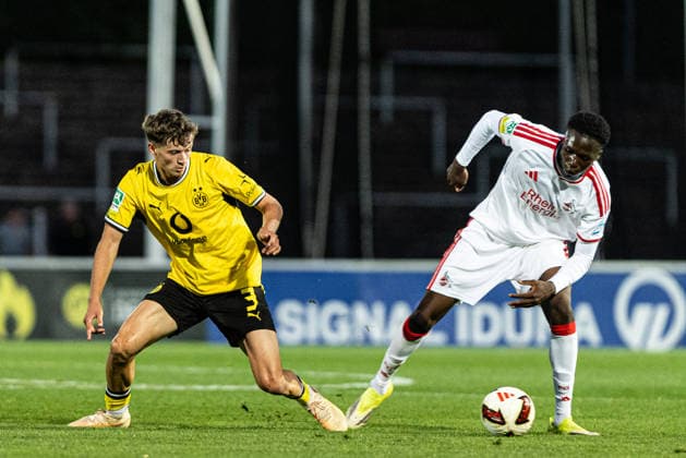 Regionalliga West: Borussia Dortmund II - 1.FC Köln II, 07.08.2026 Finn Fuchs (Borussia Dortmund U23, 3), David Okpodu (1. FC Köln U23, 20) Regionalliga West: Borussia Dortmund II - 1.FC Köln II, Rote Erde, Dortmund; 07.08.2026 DFB regulations prohibit any use of photographs as image sequences and or quasi video. *** Regionalliga West: Borussia Dortmund II 1, FC Köln II 0, August 7, 2026; Finn Fuchs, Borussia Dortmund U23, 3, David Okpodu, 1. FC Köln U23, 20 Regionalliga West Borussia Dortmund II vs. 1. FC Köln II, Rote Erde, Dortmund, August 7, 2026 DFB regulations prohibit any use of photographs as image sequences and or quasi-video Copyright: xBEAUTIFULxSPORTS Buriakovx