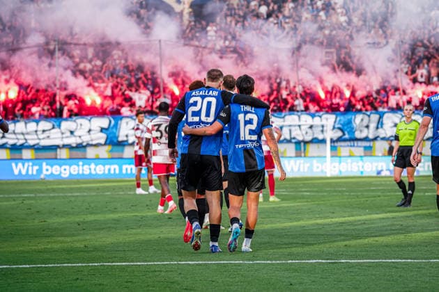 Deutschland: Fussball Saison 2026 2027 , 3. Liga , SV Waldhof Mannheim vs. Fortuna Düsseldorf - Carl-Benz-Stadion (Mannheim) : Kushtrim Asallari (SV Waldhof Mannheim, 20) und Vincent Thill (SV Waldhof Mannheim, 12) Tor und Torjubel zum 2:0 Mannheim Carl-Benz-Stadion Deutschland *** Germany Soccer Season 2026–2027, 3rd Division, SV Waldhof Mannheim vs. Fortuna Düsseldorf, Carl Benz Stadium, Mannheim; Kushtrim Asallari (SV Waldhof Mannheim, 20) and Vincent Thill (SV Waldhof Mannheim, 12) score and celebrate the 2–0 win at the Carl Benz Stadium in Mannheim, Germany Copyright: xBennetxLongx