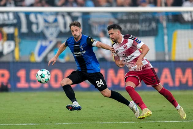 v.li.: Lukas Klünter (SV Waldhof, 24), Yassine Bouchama (F95, 5), Zweikampf, Spielszene, Duell, duel, tackle, tackling, Dynamik, Action, Aktion, 07.08.2026, Mannheim (Deutschland), Fussball, 3. Liga, SV Waldhof Mannheim - Fortuna Düsseldorf, DFB DFL REGULATIONS PROHIBIT ANY USE OF PHOTOGRAPHS AS IMAGE SEQUENCES AND OR QUASI-VIDEO. *** From left: Lukas Klünter (SV Waldhof), 24; Yassine Bouchama (F95), 5; tackle, game scene, duel, tackle, tackling, dynamic, action, August 7, 2026, Mannheim, Germany, soccer, 3rd Division, SV Waldhof Mannheim vs. Fortuna Düsseldorf, DFB and DFL regulations prohibit any use of photographs as image sequences and or quasi-video xozx