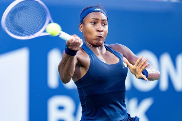 TORONTO, ON - AUGUST 07: Coco Gauff of the United States returns a shot during her match at the WTA, Tennis Damen National Bank Open tournament on August 7, 2026 at Sobeys Stadium in Toronto, ON, Canada (Photo by Julian Avram Icon Sportswire) TENNIS: AUG 07 National Bank Open EDITORIAL USE ONLY Icon2608071433