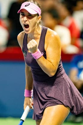 TORONTO, ON - AUGUST 07: Belinda Bencic of Switzerland celebrates after winning a point during her match at the WTA, Tennis Damen National Bank Open tournament on August 7, 2026 at Sobeys Stadium in Toronto, ON, Canada (Photo by Julian Avram Icon Sportswire) TENNIS: AUG 07 National Bank Open EDITORIAL USE ONLY Icon2608071490