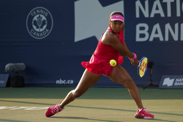 WTA, Tennis Damen Masters 1000 National Bank Open Toronto 2026 - Round of 32 - Day 7 Naomi Osaka of Japan plays a backhand during the Women™s Singles round of 32 match against Elise Mertens of Belgium on day 7 of the WTA Masters 1000 National Bank Open at Sobeys Stadium on August 7, 2026, in Toronto, Canada. (Photo by Leonardo Ramirez Eyepix Group) Copyright: xLeonardoxRamirezx xEyepixxGroupx LR_06082026_09178
