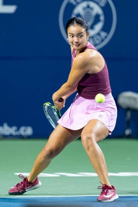TORONTO, ON - AUGUST 07: Alexandra Eala of Philippines returns a shot during her match at the WTA, Tennis Damen National Bank Open tournament on August 7, 2026 at Sobeys Stadium in Toronto, ON, Canada (Photo by Julian Avram Icon Sportswire) TENNIS: AUG 07 National Bank Open EDITORIAL USE ONLY Icon2608071600