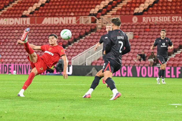 Middlesbrough v Wrexham - Carabao Cup First Round Will Lankshear of Middlesbrough shoots and scores with a volley during the Carabao Cup 1st Round match between Middlesbrough and Wrexham at the Riverside Stadium, Middlesbrough, on August 7, 2026. Middlesbrough North Yorkshire United Kingdom  Copyright: xMIxNewsx originalFilename:fletcher-middlesb260807_npmRN.jpg